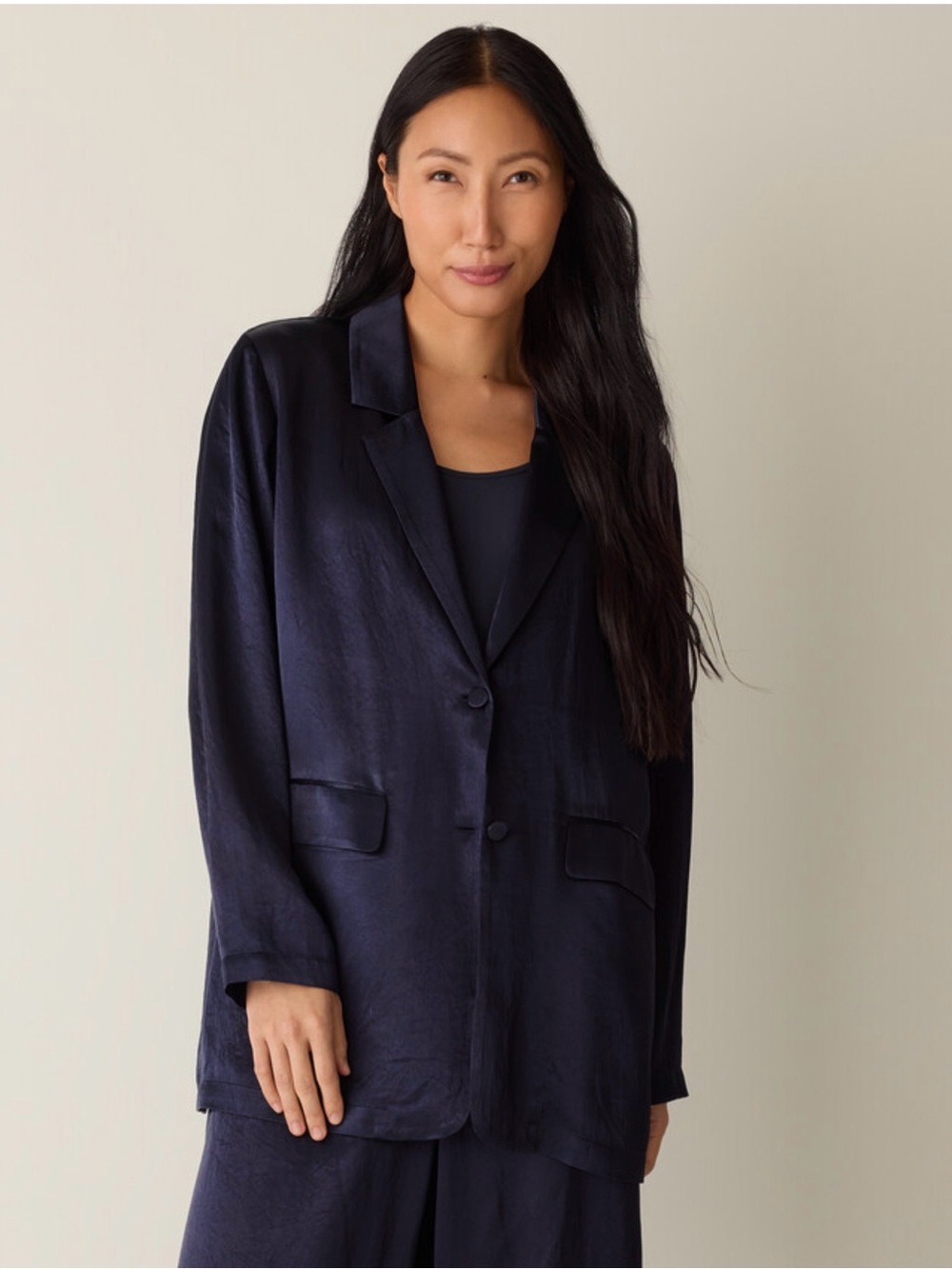 Eileen textured long Relaxed Satin Blazer Jacket - Brown, acetate